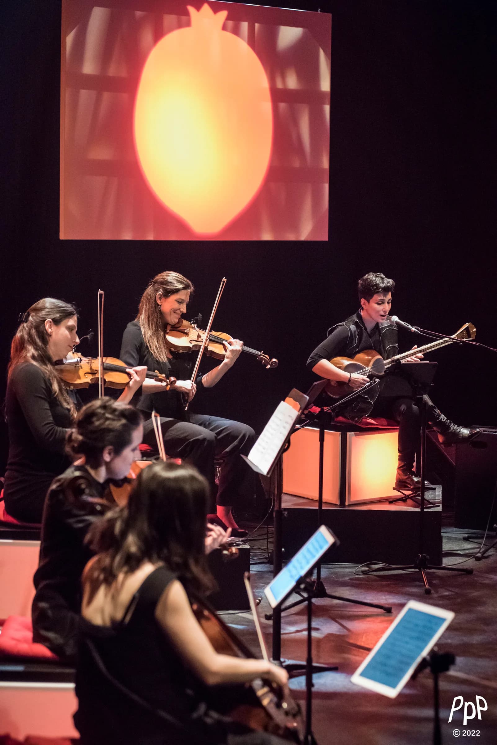 Le quatuor à cordes au premier plan, archets levés, aux côtés de la chanteuse au târ ; au-dessus d’eux, une grenade s’illumine sur l’écran.