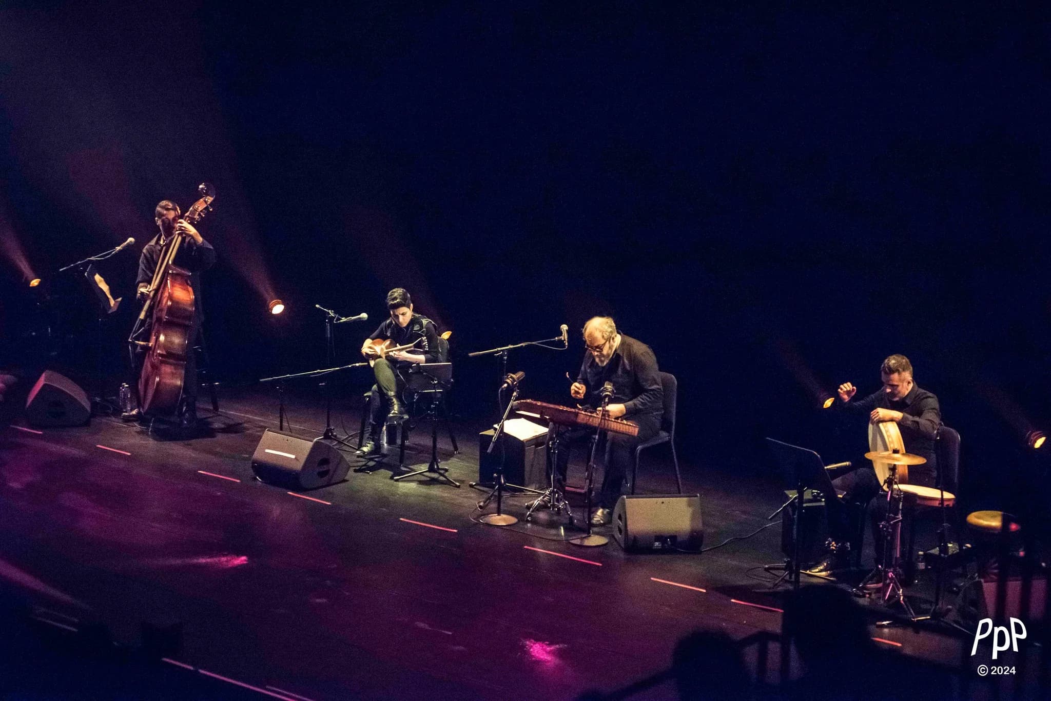 Four musicians — double bass, târ, santur and frame drum — spread across a wide stage under violet light.