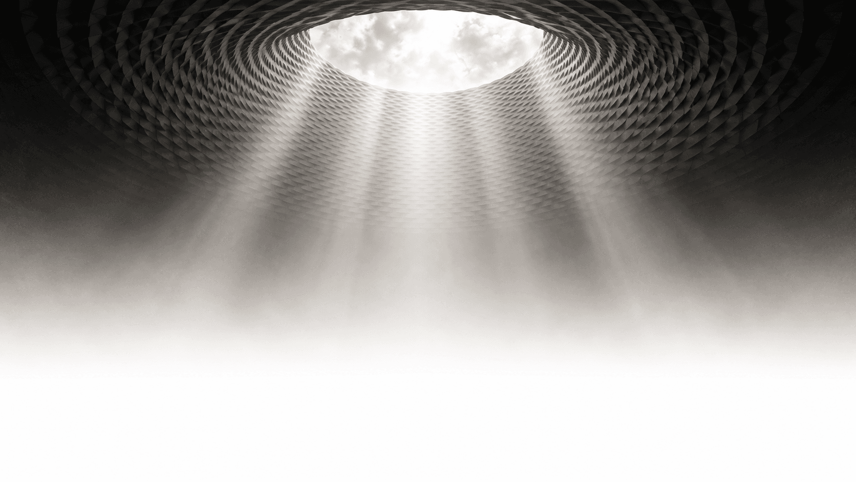 Looking up into a dome: a latticed vault around an open oculus, with shafts of light falling through mist.