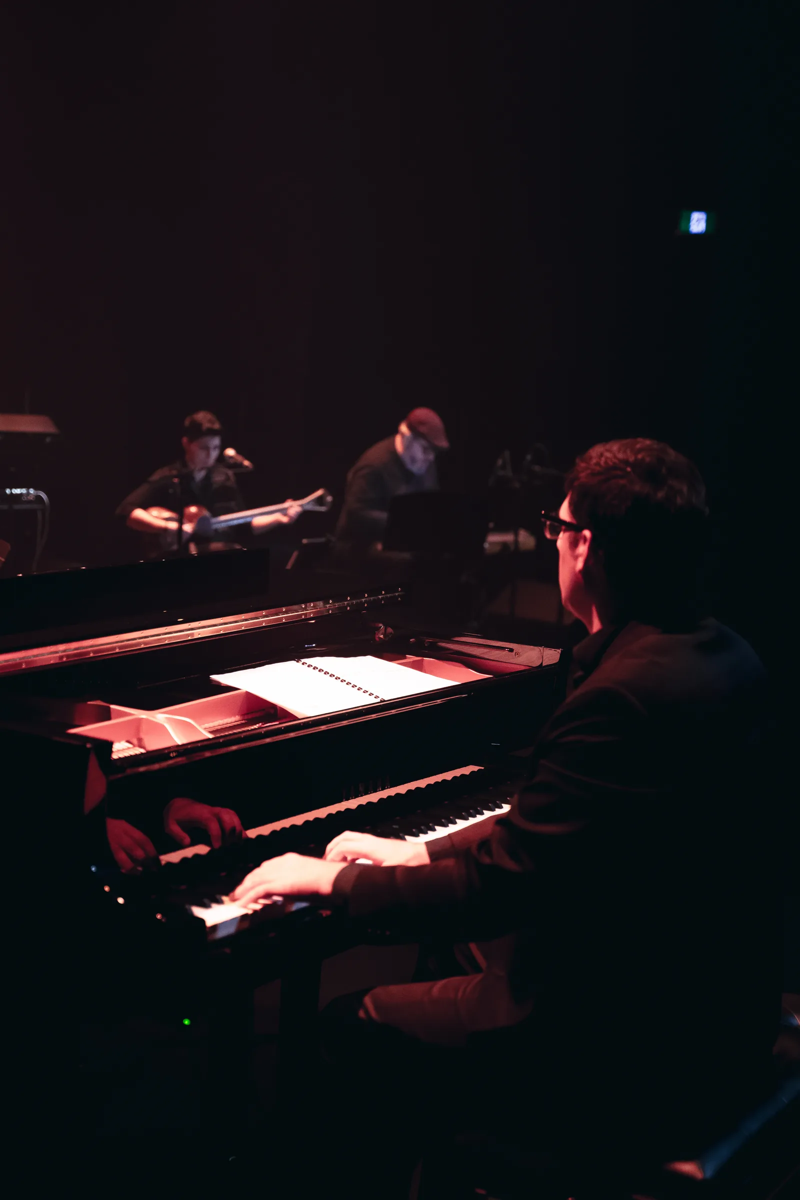 In the foreground, the piano: hands on the keys, the score lit on the music desk. Behind, the târ, under stage light.